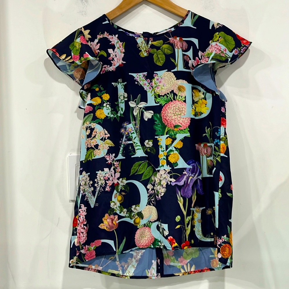 Baker by Ted Baker Short Sleeve Blouse Floral Navy Blue Back Zipper size 12